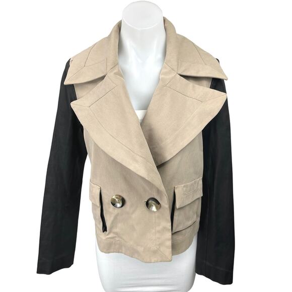 Rachel Zoe Khaki Black Leather Sleeves Double Breasted Blazer Coat Jacket Size 4 - Picture 1 of 6
